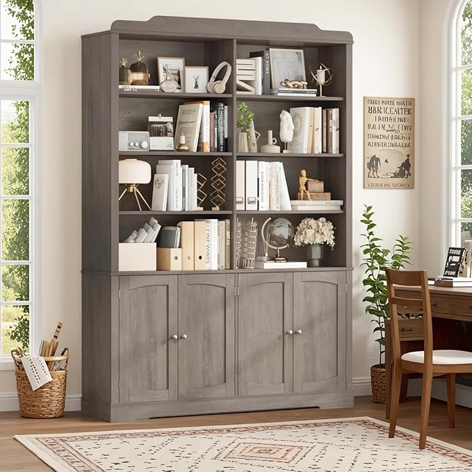 73.1" Tall Bookcase and Bookshelf, Wide Bookshelf with Doors and Adjustable Shelves, 6 Tier Large Bookshelf with Storage, Tall Storage Cabinet for Living Room, Home Office, Wash Gray