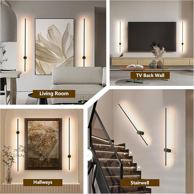 Battery Operated Wall Sconces with Remote Control, USB Rechargeable Wall Lights Wireless, Dimmable LED Wall Sconce Set of 2, 360° Rotation Adjustable Wall Decor for Living Room Bedroom, Black, 24 Inch