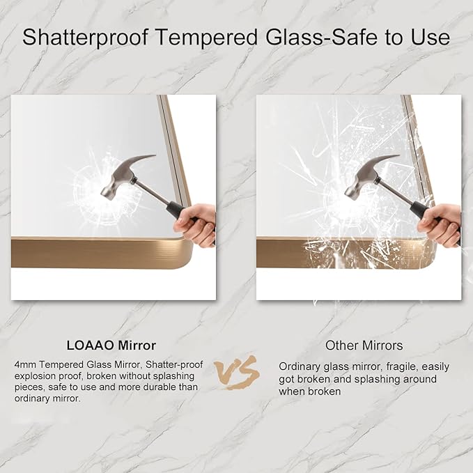 LOAAO 48”X32” Gold Bathroom Mirror, Rounded Rectangle Gold Frame Mirror, Brushed Gold Bathroom Vanity Mirror Wall-Mounted, Anti-Rust, Tempered Glass, Hangs Horizontally or Vertically