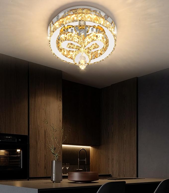 12'' Modern Crystal Chandelier LED Dimmable Flush Mount Ceiling Light Pendant Light for Hallway Living Room Bedroom Dining Room Foyer Silver