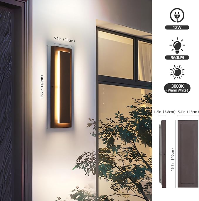 15.7'' Modern Exterior Outdoor Wall Light,Led Porch Front Door Lights Outdoor Wall Sconce,Brown Exterior Light Fixture,Long Brown Outside Sconces Wall Lighting Indoor 3000K 12W 2 PCS
