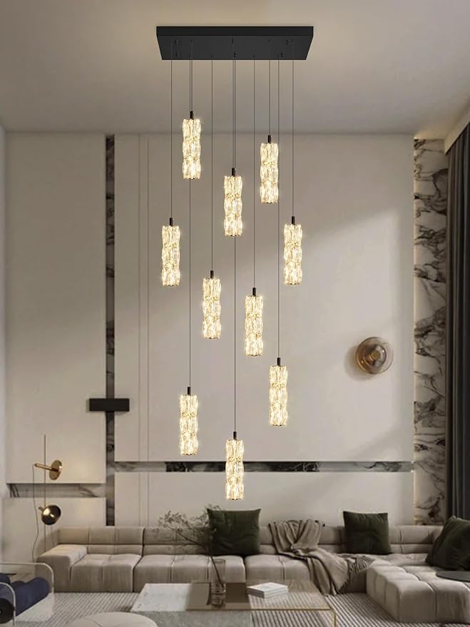 10-Light Modern LED Pendant Lighting Fixture for Kitchen Island Raindrop Crystal Chandelier Black Chandelier for Dining Room High Ceiling Chandelier for Staircase Foyer Hallway Villa