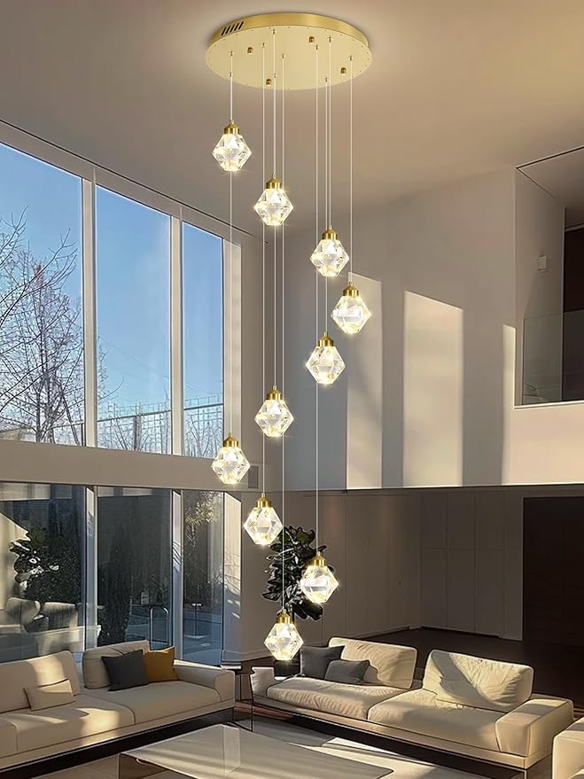 10-Light Modern Chandelier for Entrance Crystal Chandeliers for Living Room Gold Pendant Light Fixture Staircase Chandeliers for High Ceilings Dimmable LED Hanging Light with Remote