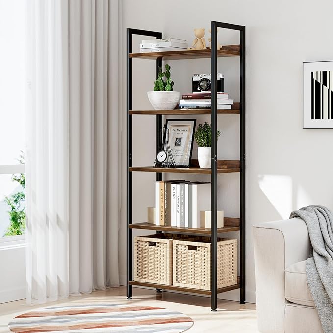 NUMENN Bookshelf, 5 Tier Bookshelfs, Home Office Bookcase Shelf Storage Organizer, Free Standing Storage Shelving Unit for Bedroom, Living Room and Home Office, Vintage