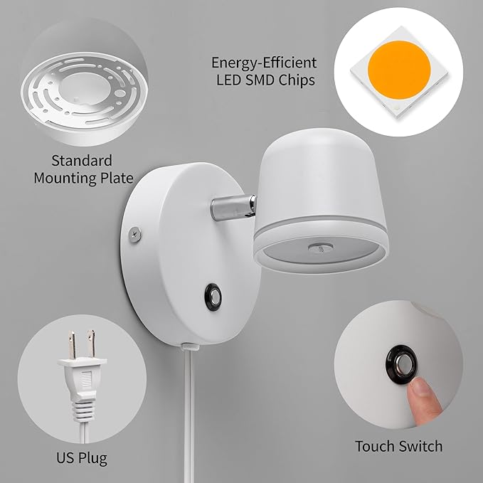 Aisilan LED Wall Sconce with Switch Plug in Dimmable Bedroom Sconce Adjustable Sconce Wall Lighting Angle Anti-Glare Matte White Aluminum Bedside Wall Lights for Living Room 7W White
