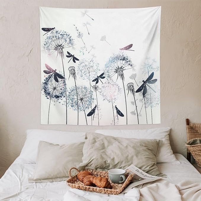 Kurtect Dandelion Tapestry,Rustic Dragonfly Teal Blue Floral Theme Pattern Print Tapestries for Living Room Party Beach Picnic Blankets Tablecloths Wall Decor, 60x60 in