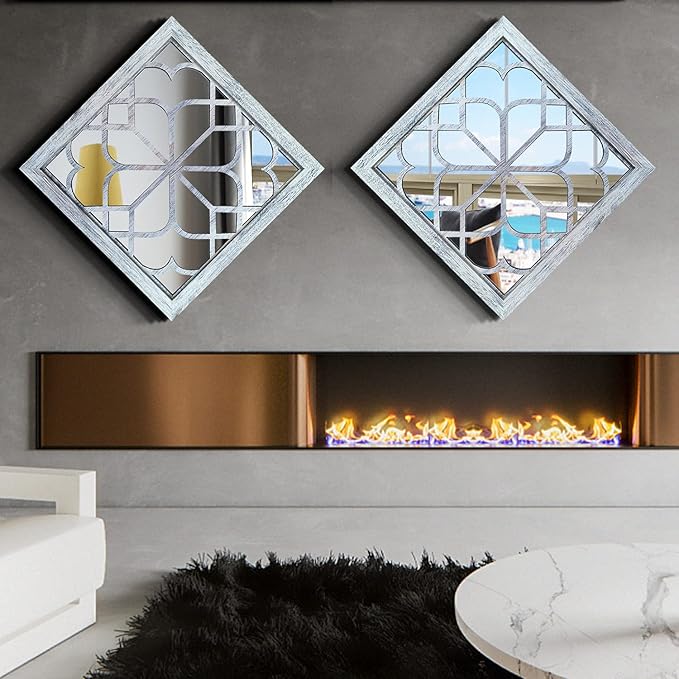 Wocred 2 PCS Square Wall Mirror,Gorgeous Rustic Farmhouse Accent Mirror,Rustic White Color Entry Mirror for Bathroom Renovation,Bedrooms,Living Rooms and More （20”）