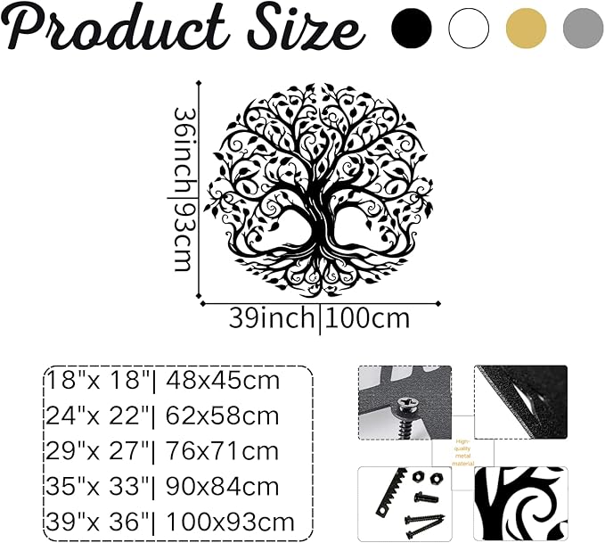 Yemwot Metal Tree of Life Wall Decor, Circle of Life Metal Trees Wall Art, Branch Art, Spiritual Decor, Modern Sculpture Decoration, Living Room Bedroom Decoration (Sliver-Tree 2, 39"x 36" | 100x91cm)
