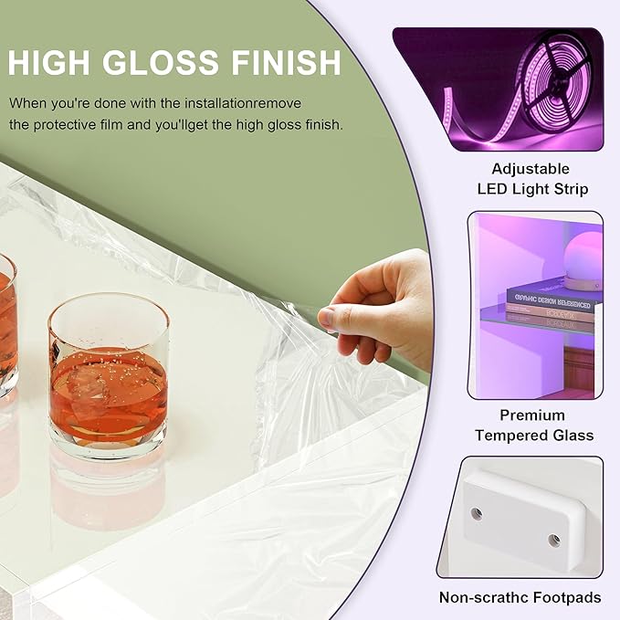 51 Inch White Modern High Gloss LED TV Stand with Storage for 45 50 55 inch TV, Gaming Entertainment Center with Storage Drawer and Glass Shelf, TV Console Table for Living Room,Bedroom