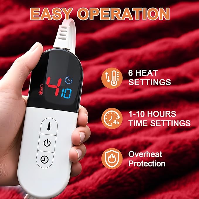 Heated Blanket Electric Throw Blanket 72''X 84''-Heating Blanket with 6 Heat Settings-4/10 Hours Auto Off,Cozy Faux Rabbit Fur Bubble Electric Blanket,Red