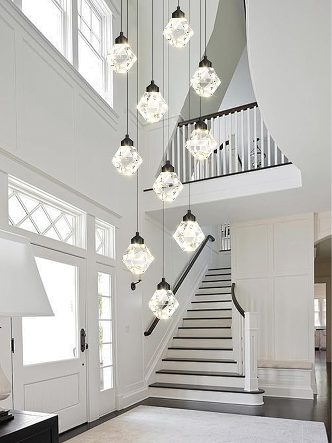 10-Light Chandelier Staircase Chandeliers for High Ceilings Crystal Chandeliers for Living Room Black Pendant Light Dimmable LED Hanging Light with Remote
