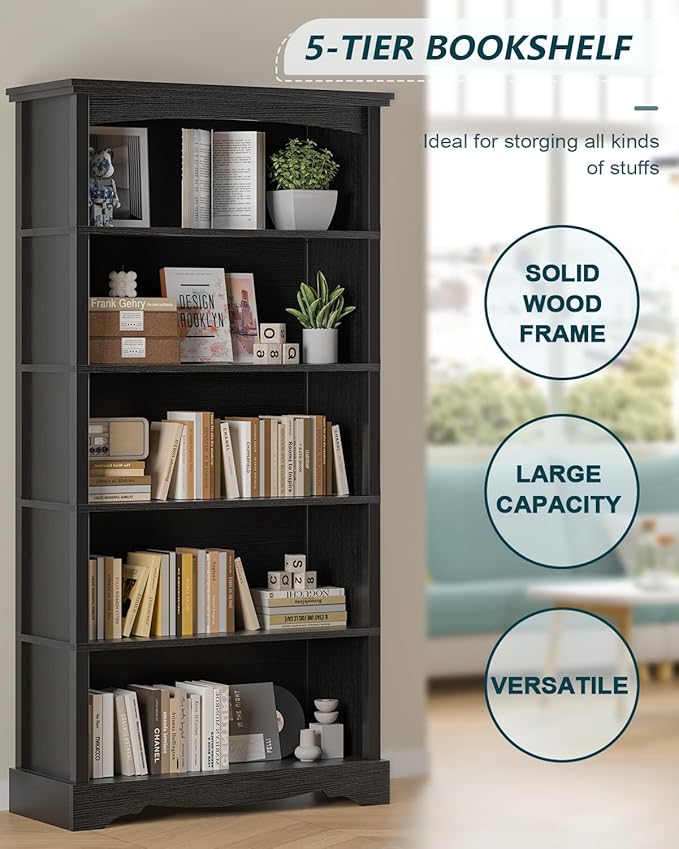 TVU 5-Tier Wooden Bookshelf, 65 Inch Tall Bookshelf with Storage, Floor Standing Modern Style Display Bookcase for Living Room, Office, Study Room, Entryway, Black