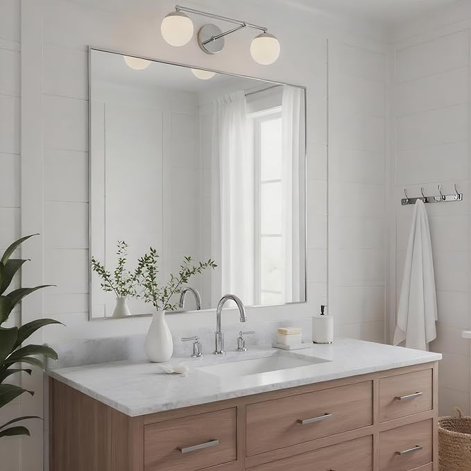 30x30 Inch Nickel Bathroom Mirror for Wall, Aluminum Frame Rectangle Rectangular Vanity Mirror, Modern Large for Bedroom, Living Room, Horizontal or Vertical