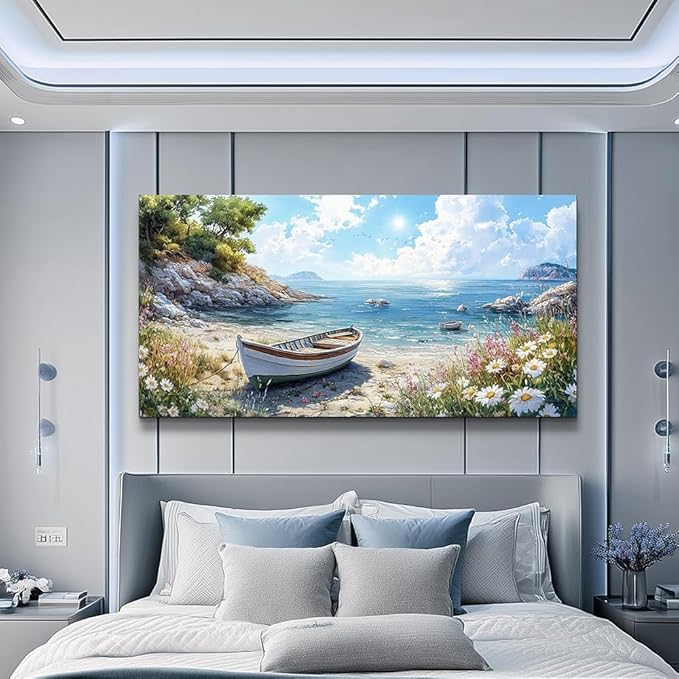 ZUITINGHUA Large Wall Decor For Living Room Canvas Wall Art For Office Modern Wall Decorations For Bedroom Seaside Boat Landscape Painting Farmhouse Pictures Artwork Room Home Decor 24x48 In