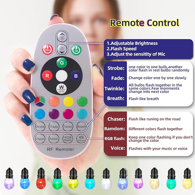 GANA Outdoor String Lights, Patio Lights 48FT Music Flash RGBW Colourful, Safe 12V Low Voltage LED Shatterproof Bulbs Connectable, Heavy Duty Wire IP65 Waterproof Level for Courtyards Cafe Bistro