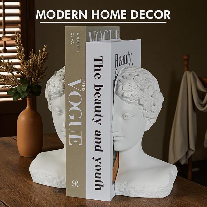 Modern Decorative Stone Bookends, Heavy Duty Book Ends Unique for Heavy Books, Cool Vintage Book Ends for Shelves &amp; Office Desk, Thinker Sculpture Bookends
