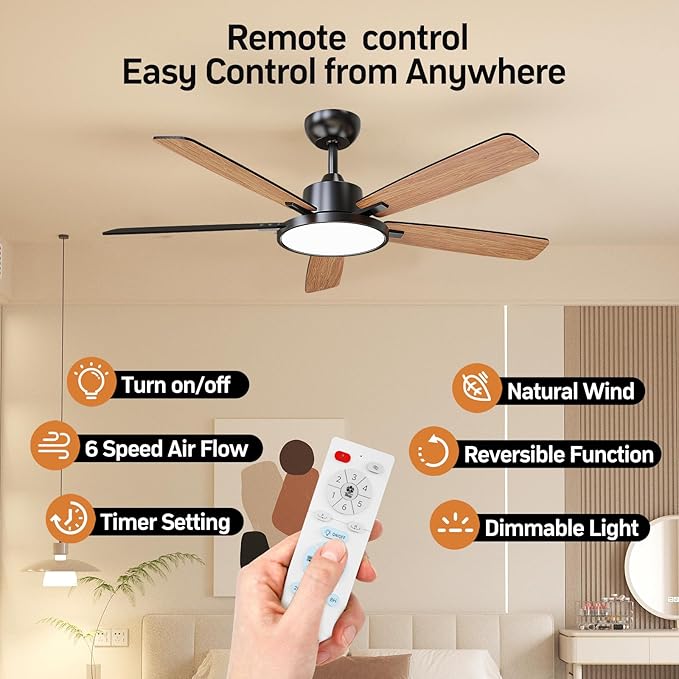 TALOYA 52 Inch Black Smart Ceiling Fans with Lights Led Remote Control Flush Mount Low Profile for Bedroom Living Dining Room Outdoor Farmhouse Patio,Reversible,DC Motor,3 Color Temperatures,5 Blades