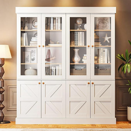 Vyre 71" Tall Farmhouse Kitchen Pantry, Set of 2 Large Storage Cabinets with Glass Doors, Adjustable Shelves, Wood Versatile Hutch Cabinet for Living Room, Dining Room