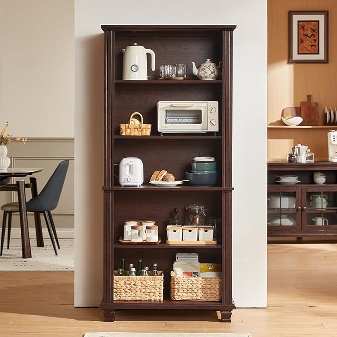 70" Tall Walnut Bookshelf,5 Tier Wooden Book Shelf with Adjustable Shelves &amp; Wood Legs,Free Standing Farmhouse Bookcase with Open Display Storage,Vintage Bookshelfs for Classroom, 2PCS