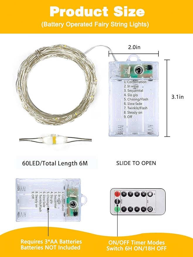 4 Pack 60LED Battery Operated Fairy Lights with Remote, 8 Modes LED String Lights with Timer, Dimmable, Memory Function, Waterproof Twinkle Fairy Lights for Outdoor Indoor Christmas Decor(Warm White)