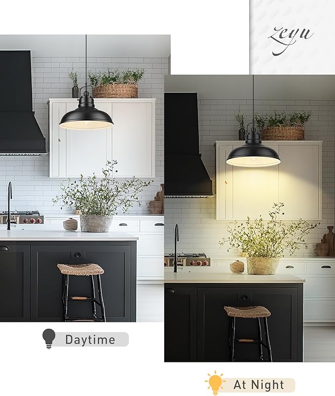 zeyu Black Pendant Lighting, 2 Pack Hanging Kitchen Lights, 1-Light Pendant Light with Metal Dome Shade, Matte Black Finish, 016-1M-2PK BK