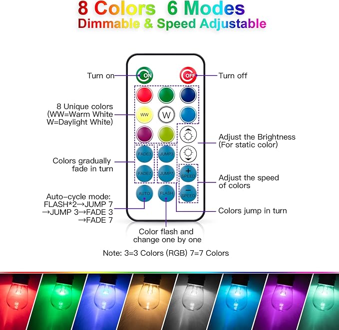 Mlambert 48FT Outdoor Patio Lights, 6 Lighting Modes RGB Cafe String Lights with 15 Dimmable LED Shatterproof Bulbs for Deck Porch Gazebo-White 1 Pack