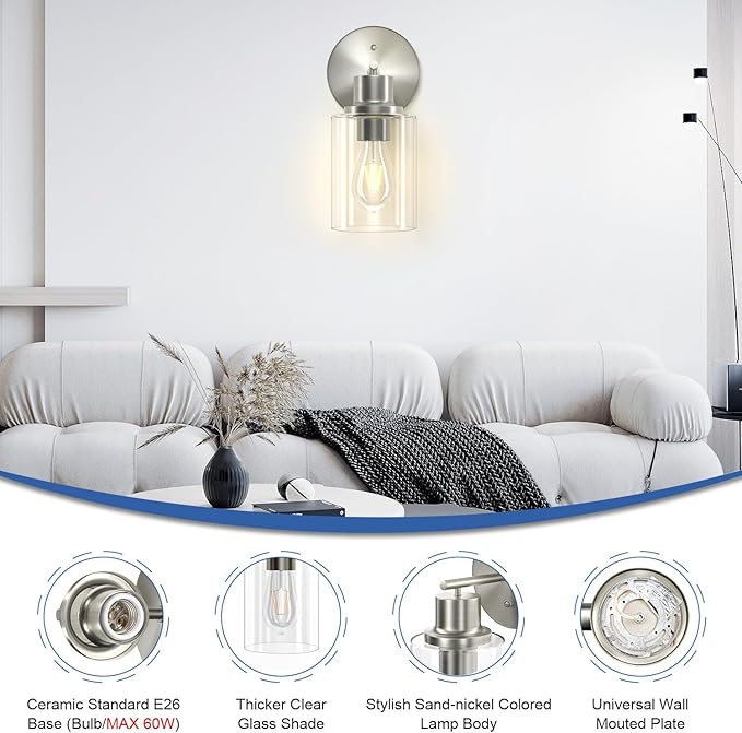 GORDNWE Set of 2 Bathroom Wall Sconce, Brushed Nickel Vanity Light, Modern Wall Light Fixture with Clear Glass Shade and E26 Bulb Base, Wall Lamp Wall Mount Light Fixtures for Mirror, Bedroom
