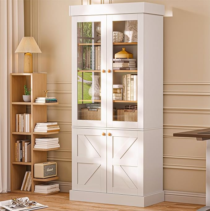 Vyre 71" Tall Farmhouse Kitchen Pantry, Set of 2 Large Storage Cabinets with Glass Doors, Adjustable Shelves, Wood Versatile Hutch Cabinet for Living Room, Dining Room