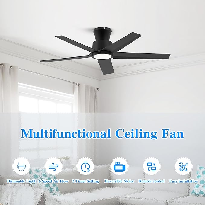 ocioc 44 inch Ceiling Fans with Lights and Remote, Dimmable Ceiling Fans with Reversible Quiet DC Motor, Flush Mount, 3CCT, Black Ceiling Fan for Bedroom Living room Indoor/Outdoor