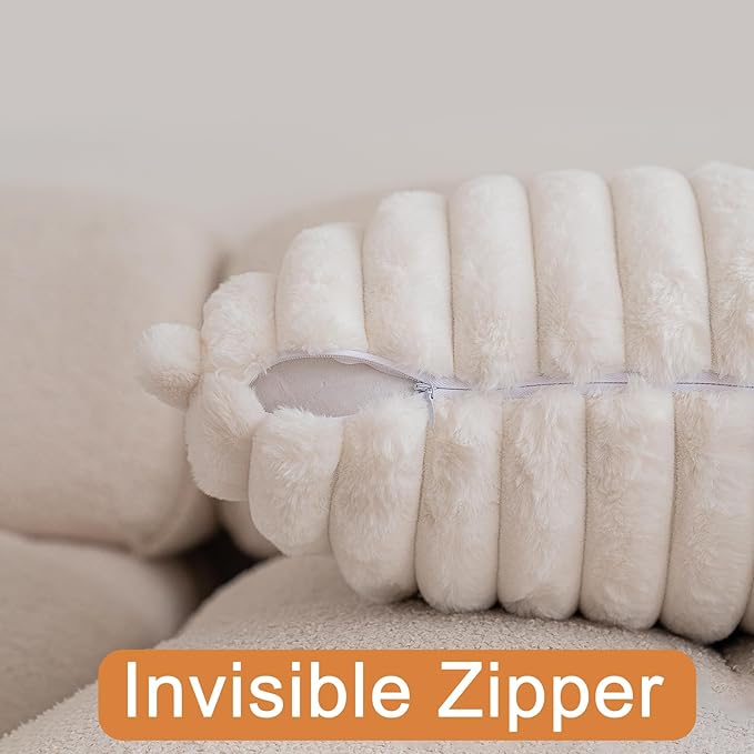 Double-Sided Faux Fur Plush Throw Pillow Covers 18x18 Set of 2 Fuzzy Striped Soft Cozy Pillowcase Luxury Decorative Pillows Square Shaggy Cushion Covers for Couch Sofa Bed,Cream White