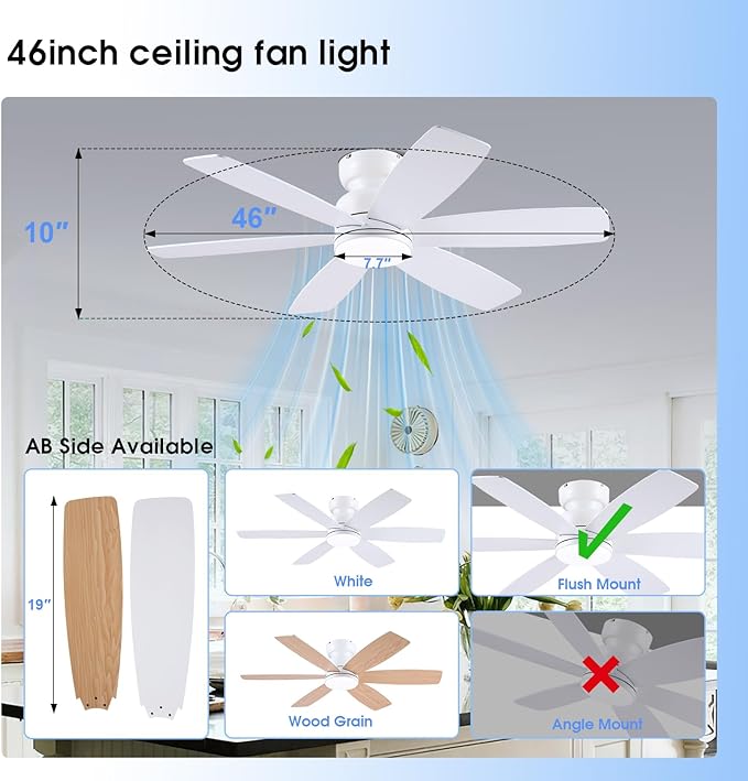 46 inch Ceiling Fans with Lights and Remote/APP Control, Low Profile Ceiling Fan with Light, Flush Mount, 3CCT, 6 Reversible Blades 6 Speeds Modern Ceiling Fan for Bedroom Living Room, White