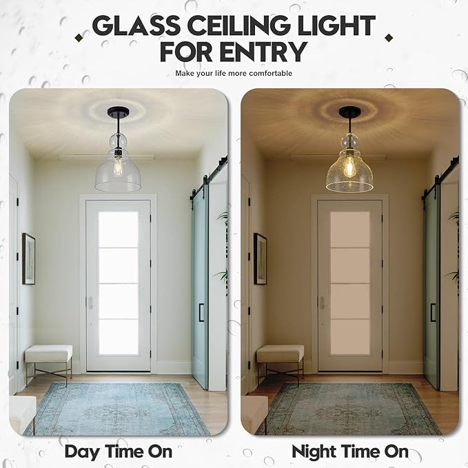 10" Seeded Glass Pendant Lights Kitchen Island Black Pendant Ceiling Light with Hand-Blown Clear Glass Over Dining Table Kitchen Sink Entryway Hallway, E26