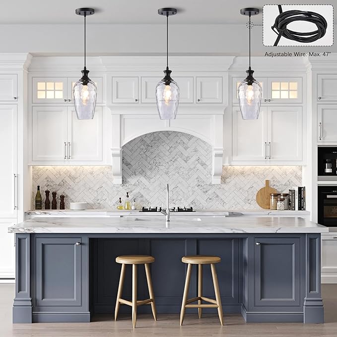 Glass Pendant Lights Kitchen Island 2 Pack, 1-Light Black Pendant Light Fixtures with Hand-Blown Clear Glass, Farmhouse Modern Hanging Light for Kitchen Sink Dining Room Bedroom