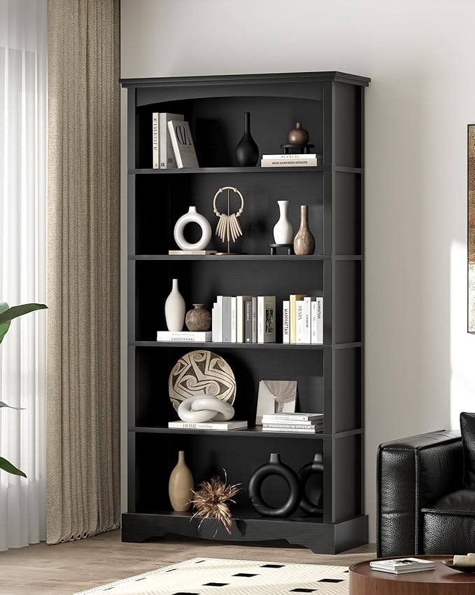 TVU 5-Tier Wooden Bookshelf, 65 Inch Tall Bookshelf with Storage, Floor Standing Modern Style Display Bookcase for Living Room, Office, Study Room, Entryway, Black