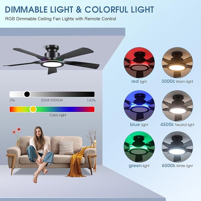 Ceiling Fans with Lights and Remote/APP Control, 52" Low Profile Flush Mount Ceiling Fan with Dimmable RGB Ring Light, 5 Reversible Curved Blades 3 CCT 6 Speeds for Bedroom Party, Black