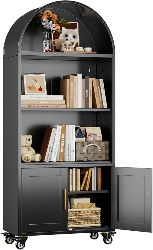 Metal Arched Bookcase with Wheels, Modern Freestanding Black Arch Storage Cabinets for Home Office Bookshelf Living Room