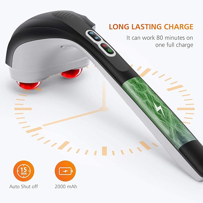 Snailax Cordless Handheld Back Massager with Heat, Deep Tissue Percussion Massager, 3 Sets of Dual Pivoting Heads,Rechargeable Hand Held Massager for Neck,Back Shoulder,Calf,Legs