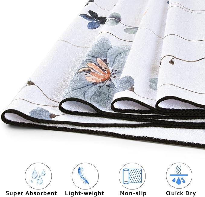 QiyI Floral Yoga Mat Towel with Corner Pockets, Non Slip Sweat Absorbent Hot Yoga Towels, Soft Yoga Blankets with Travel Bag, Mat Cover for Workout, Gym, Fitness - 74"x26", Watercolor Flowers