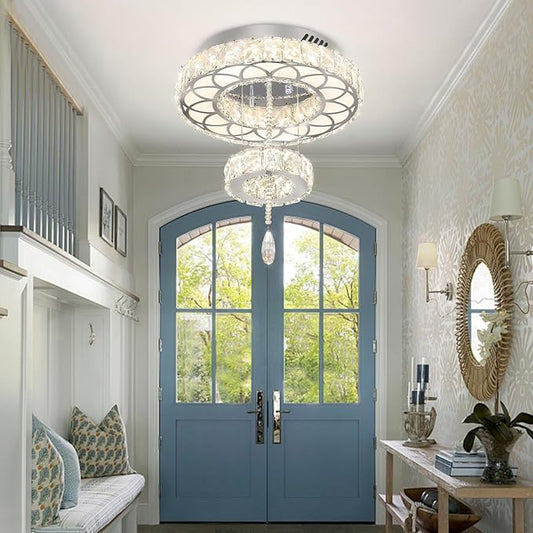 Flashing God Dia 12" Crystal Mini Chandelier Crystal Silver Ceiling Light Fixtures LED Flush Mount Ceiling Light for Living Room Bedrooms Dining Room Dimmable 2700k 4500k 6000k