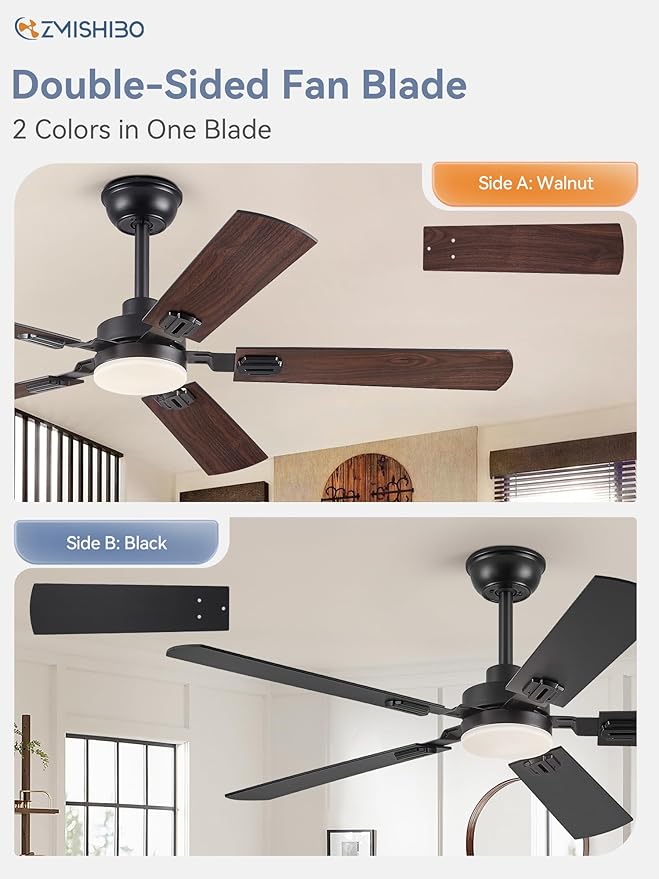 ZMISHIBO 52" Ceiling Fans with Lights, Black Modern Ceiling Fan with Remote, Farmhouse Indoor Ceiling Fan with Dual Finish Blades, Quiet & Strong Motor, Bright LED Light.