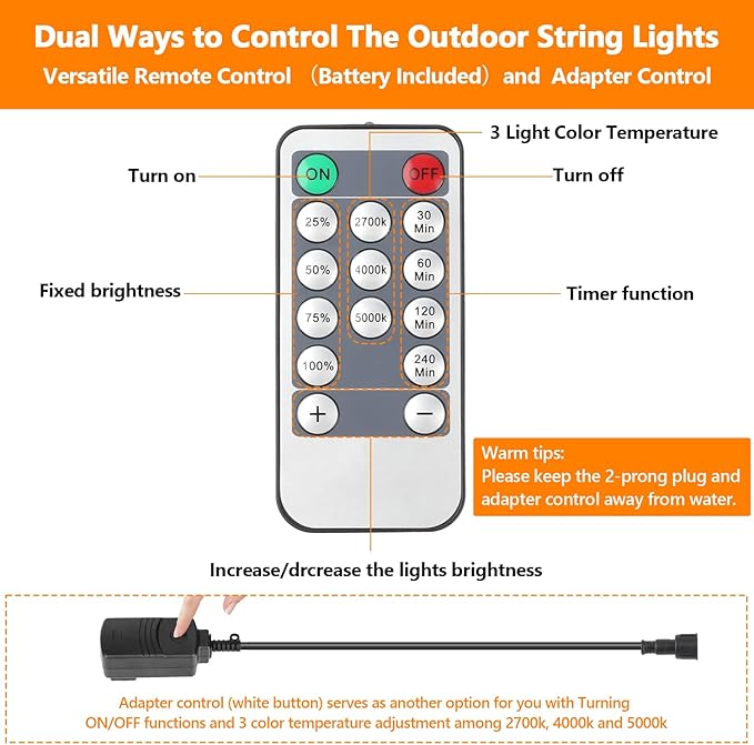 2-Pack 3 Color Dimmable LED Outdoor String Lights for Patio with Remotes, 96FT Waterproof Hanging Lights with Shatterproof Edison Bulbs for Bistro Backyard-Warm White/Nature White/Daylight White