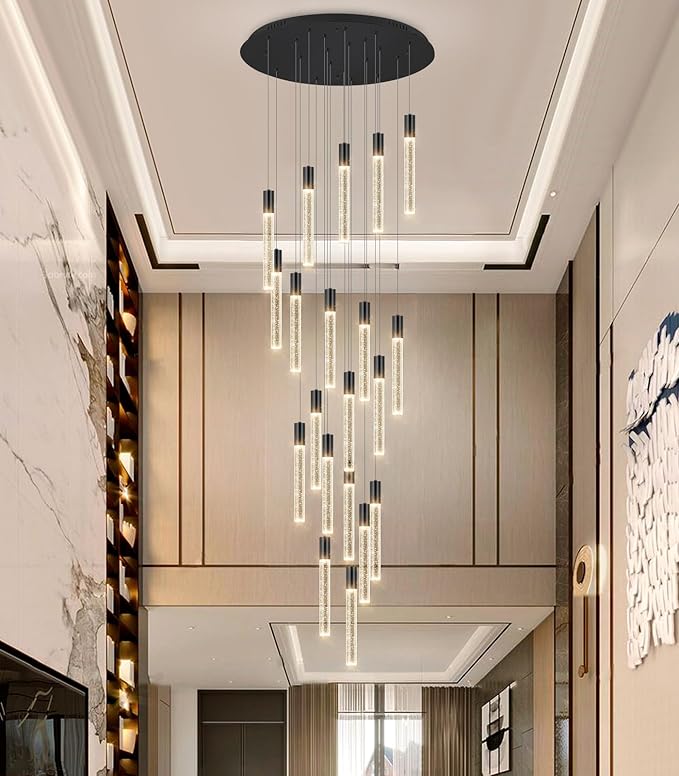 13 Foot High Ceiling Chandelier for Entryway Modern Crystal Lights for Living Room Foyer Flush Mount Sloping Ceiling Pendant Light Fixture Remote Dimmable 20-Lights Black