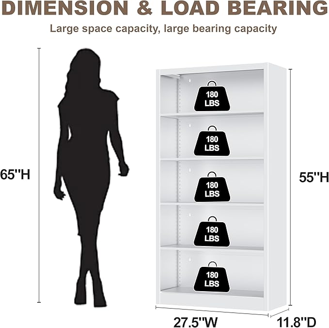 Book Shelf Organizer, Metal Bookshelves Adjustable, 5 Tier White Bookcase, Heavy Duty Open Bookshelf for Office, Living Room, Library, Bedroom, 55" Tall