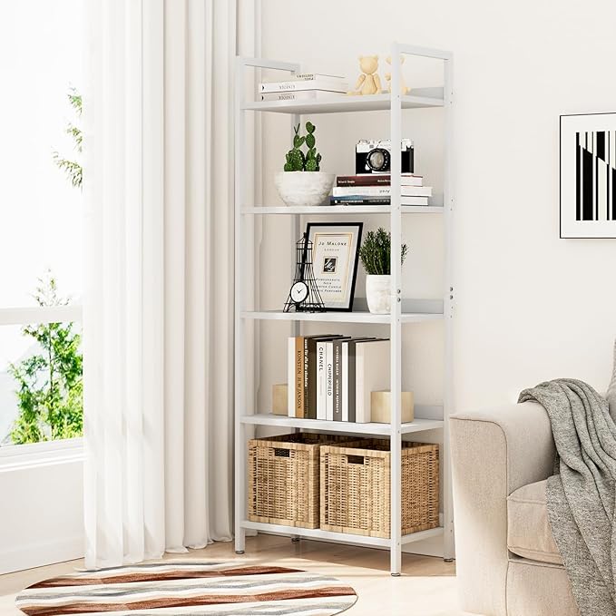 NUMENN Bookshelf, 5 Tier Bookshelfs, Home Office Bookcase Shelf Storage Organizer, Free Standing Storage Shelving Unit for Bedroom, Living Room and Home Office, White