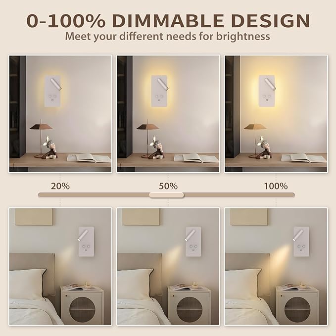 M04 Dimmable Wall Mounted Sconces Reading Light Bedside Lamp with USB Port Headboard Plug in Hardwire Wall Lamps Sconces Adjustable Headboard 0.9-3.7 Spotlight + 1.2-6W Backlight