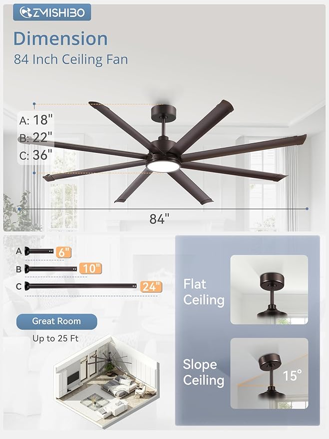 ZMISHIBO 84 Inch Ceiling Fans with Lights, Indoor/Outdoor Industrial Ceiling Fan with 8 Aluminum Reversible Blades, Quiet DC Motor, 3CCT&6-Speed Remote Control, Damp Rated for Living Room/Garage/Porch