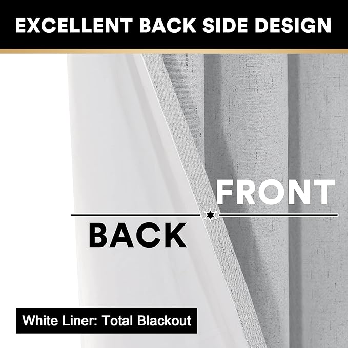 PrinceDeco 100% Blackout Curtains 108 Inches Long 2 Panels Set Burlap Vintage Open Linen Weave Flax Thermal Curtains with White Liner Soundproof Window Treatment Drapes for Nursery, Glacier Grey