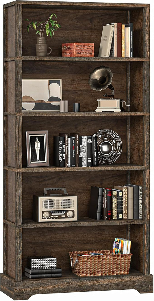 TVU 5-Tier Wooden Book Shelf, 65" Tall Bookshelf with Storage, Floor-Standing Display Bookcase, Farmhouse Style Bookshelf with Arched Base, Suitable for Living Room, Study, Office, Rustic Brown