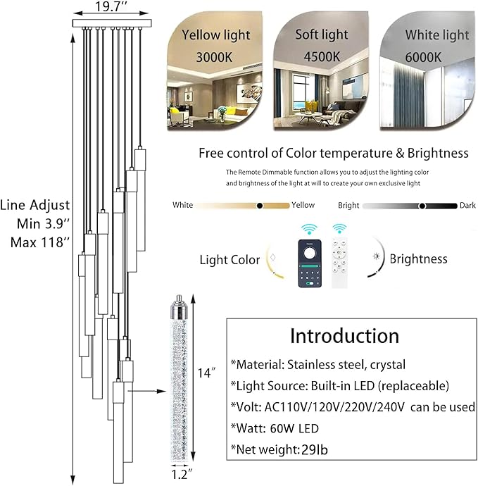 12-Lights Chandelier LED Dimmable Chandeliers for Entryway Flush Mount Ceiling Pendant Light Fixture Crystal Chandeliers for Living Room Chrome Finished Lighting Modern High Ceiling Chandelier