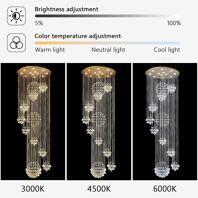 118'' Modern Large Chandelier for Foyer Raindrop Crystal Chandeliers LED Dimmable High Ceiling Flush Mount Light Fixtures for Staircaes Hallway Entryway Gold